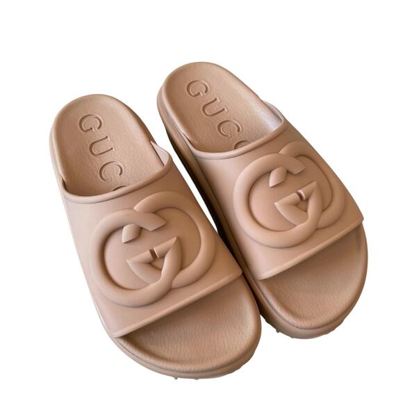GUCCI Womens GG Rubber Platform Slide Sandals Camel 692845 EU 37, US 7 $650 NEW - Picture 2 of 16